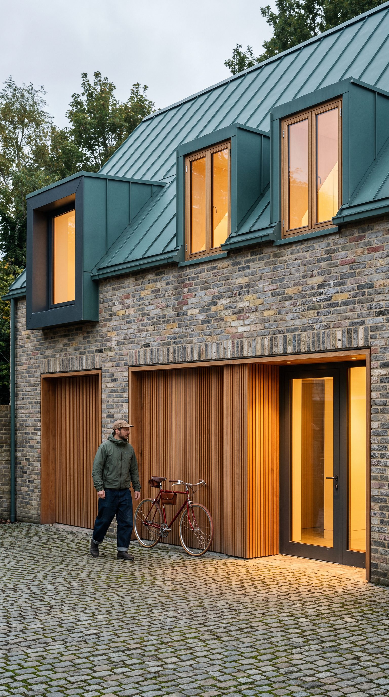 Mixed brick house with cedar garage doors and dormer windows