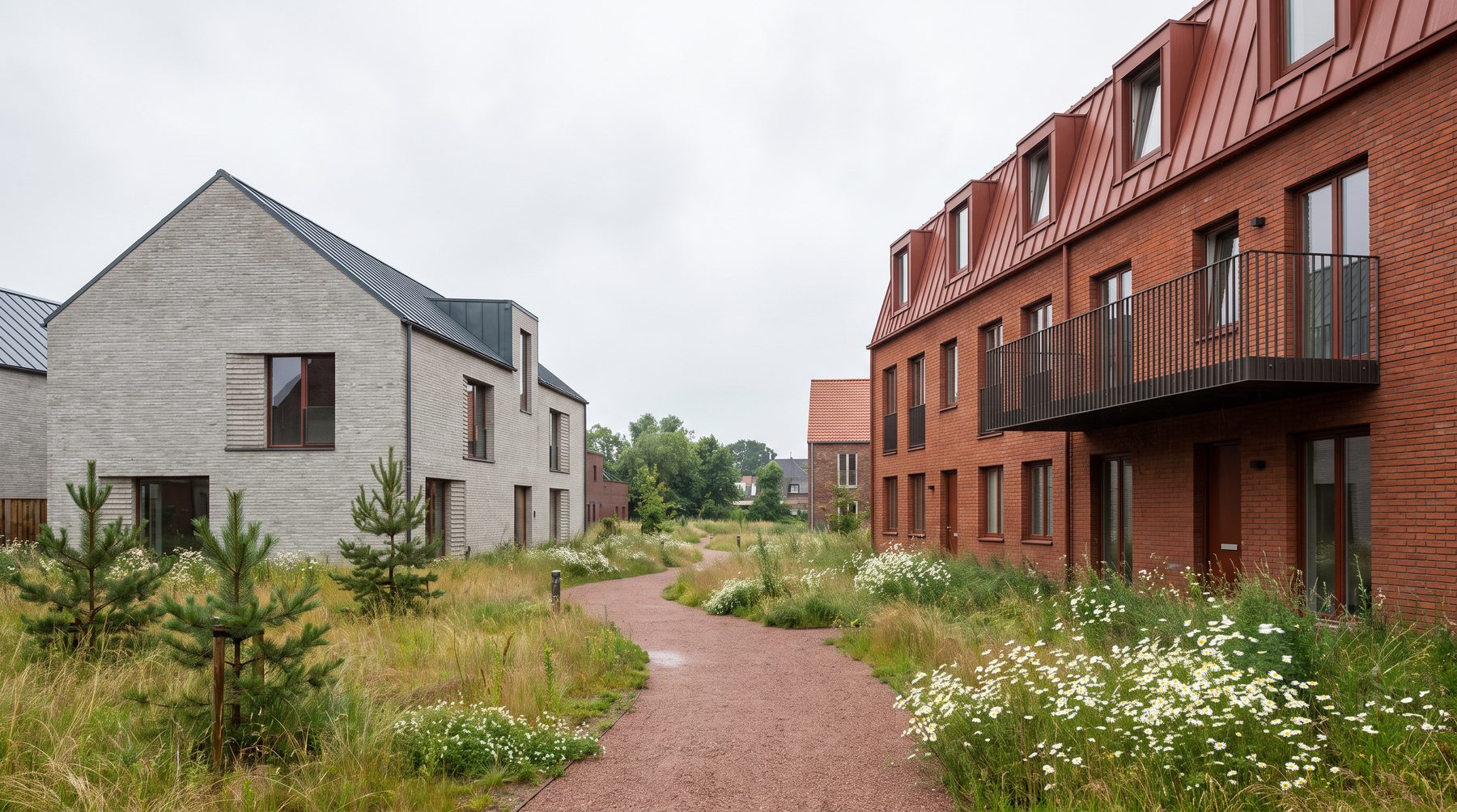 Terraced housing development with red and grey brick blocks